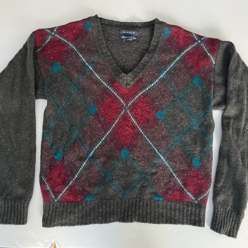 Vintage Fuzzy Gray Wool V-Neck Oversized Sweater Colorful Plaid Argyle Mens XL